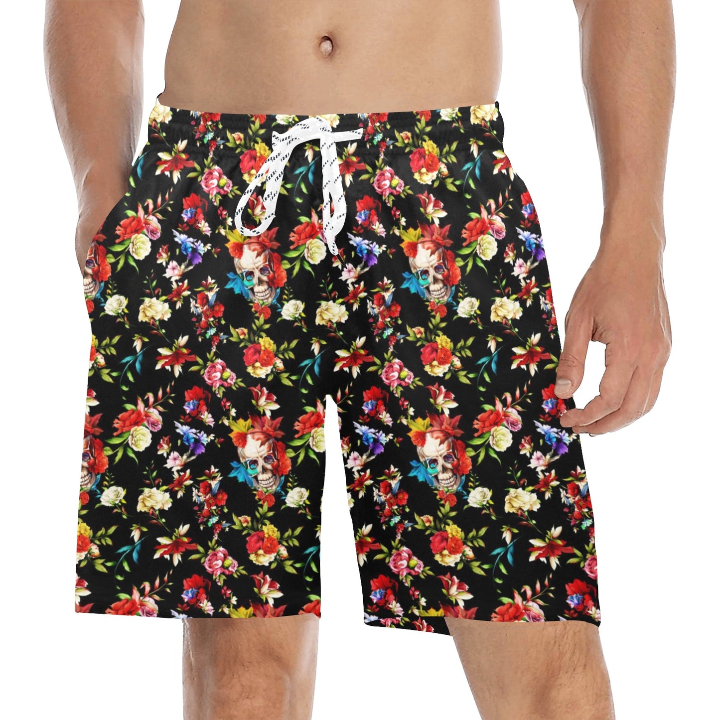 Skull Roses Flower Design Themed Print Men's Swim Trunks Beach Shorts