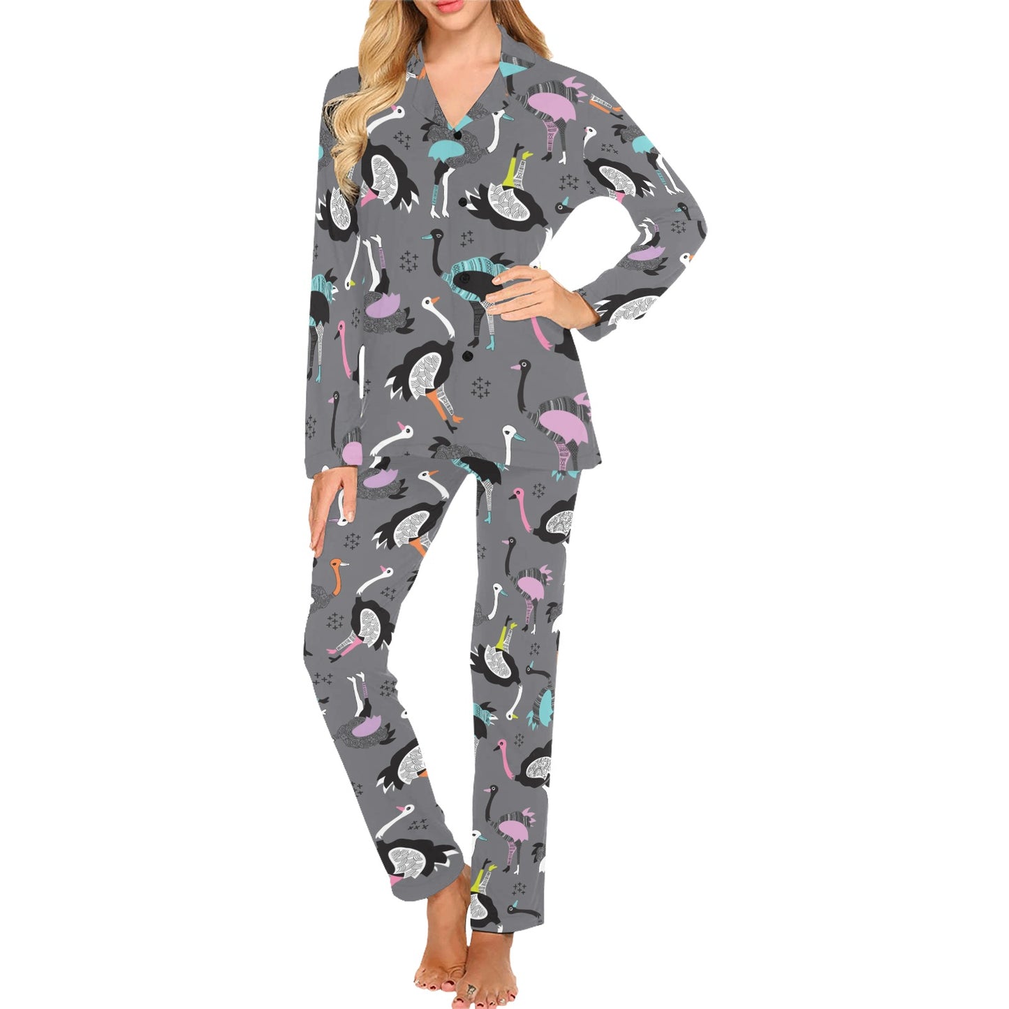 Ostrich Pattern Print Design 01 Women's Long Pajama Set