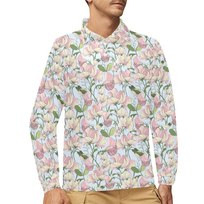 Sweet Pea Print Design LKS304 Long Sleeve Polo Shirt For Men's