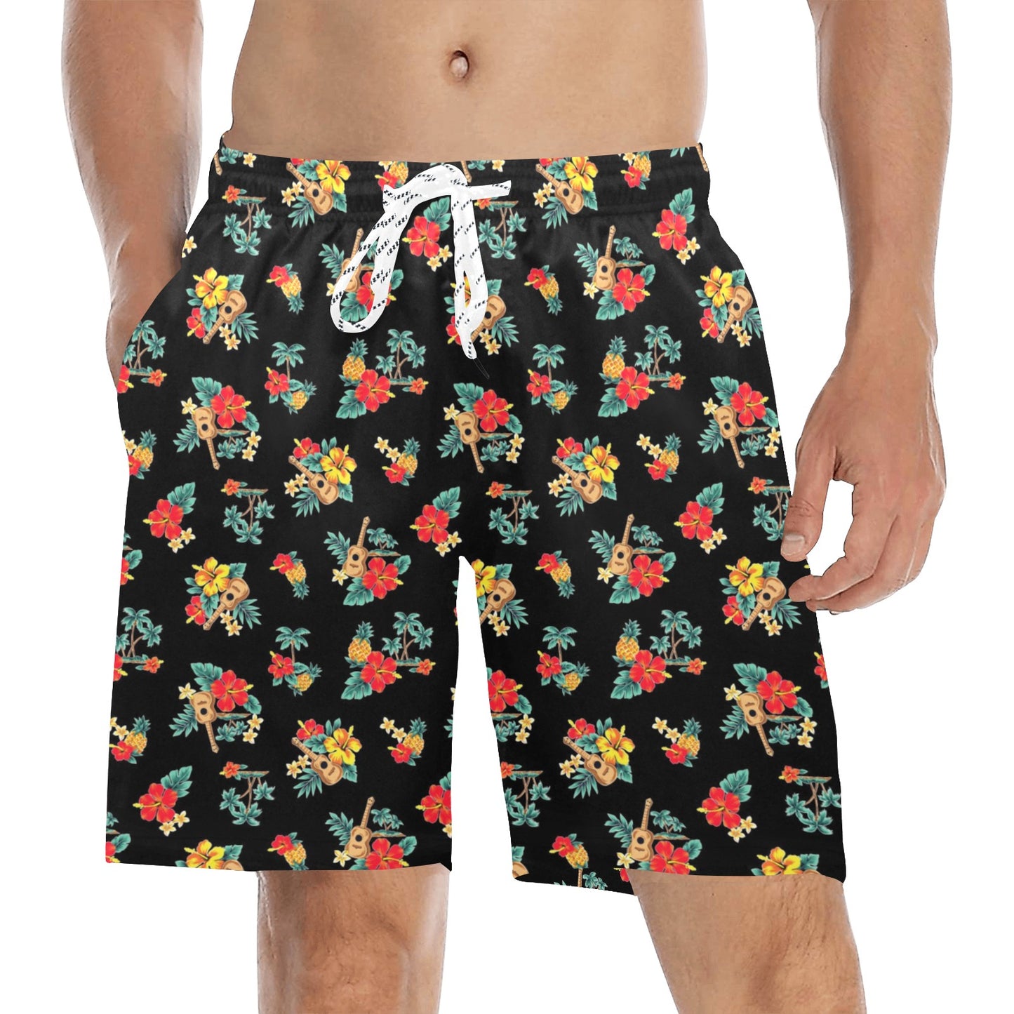 Hawaiian Flower Themed Print Men's Swim Trunks Beach Shorts
