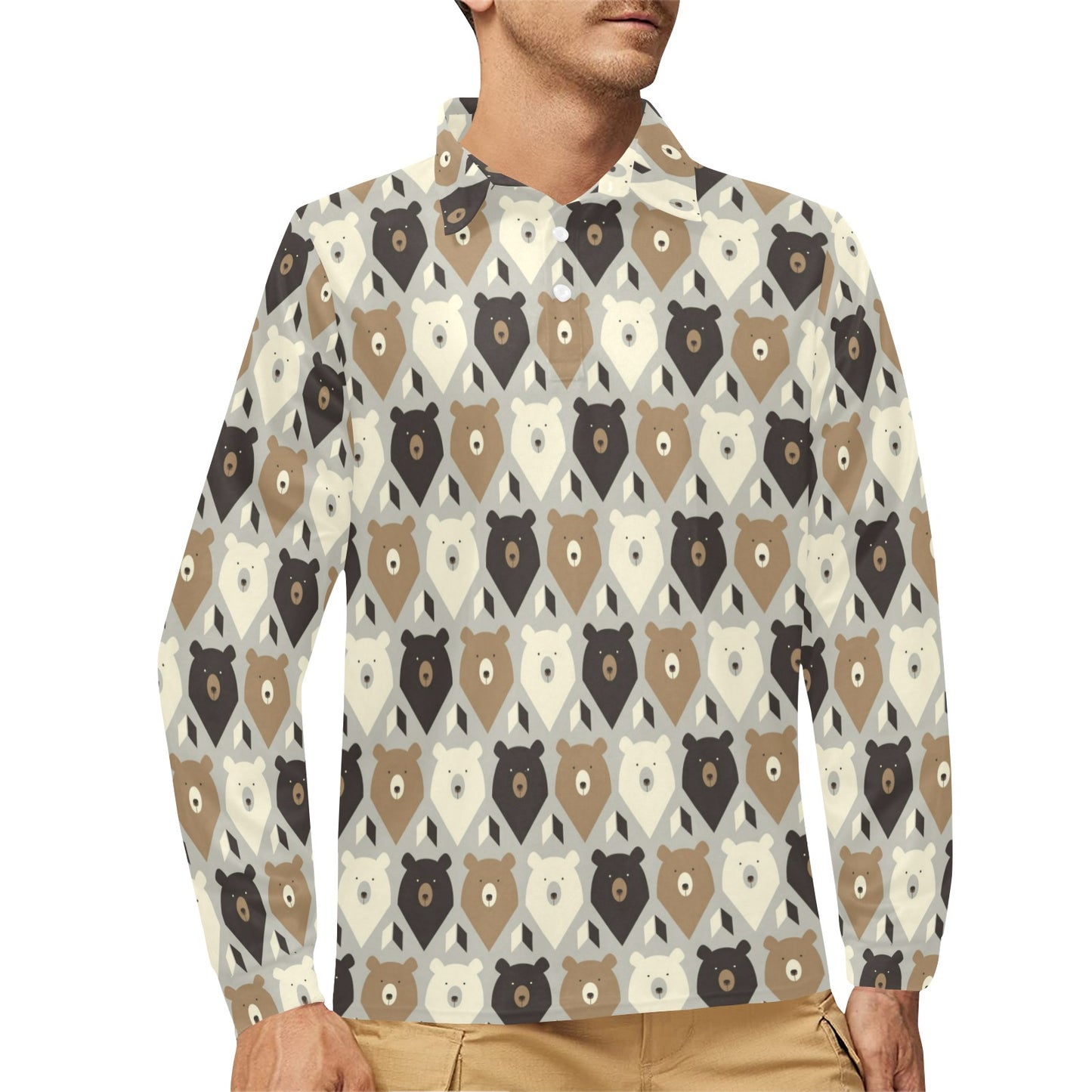 Bear Pattern Print Design 04 Long Sleeve Polo Shirt For Men's