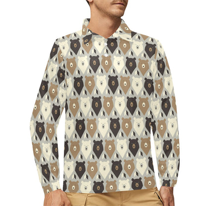 Bear Pattern Print Design 04 Long Sleeve Polo Shirt For Men's