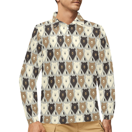 Bear Pattern Print Design 04 Long Sleeve Polo Shirt For Men's