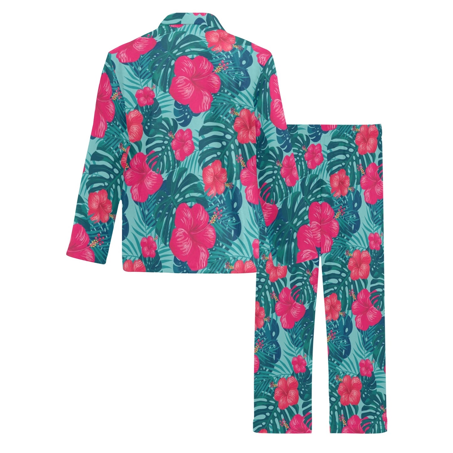 Red Hibiscus Pattern Print Design HB017 Men's Long Pajama Set