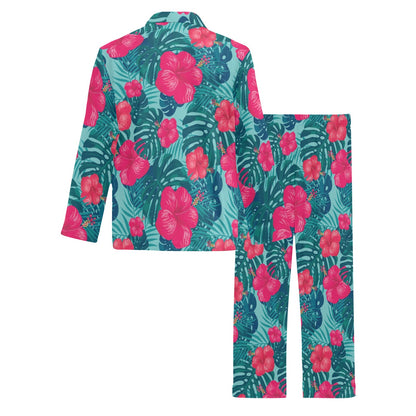 Red Hibiscus Pattern Print Design HB017 Men's Long Pajama Set