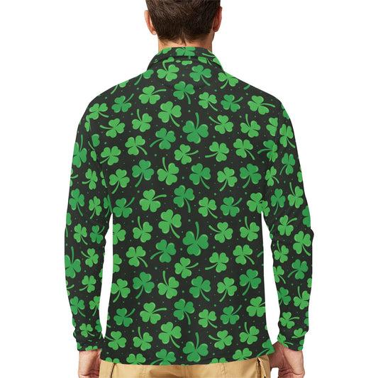 Clover Pattern Print Design 04 Long Sleeve Polo Shirt For Men's
