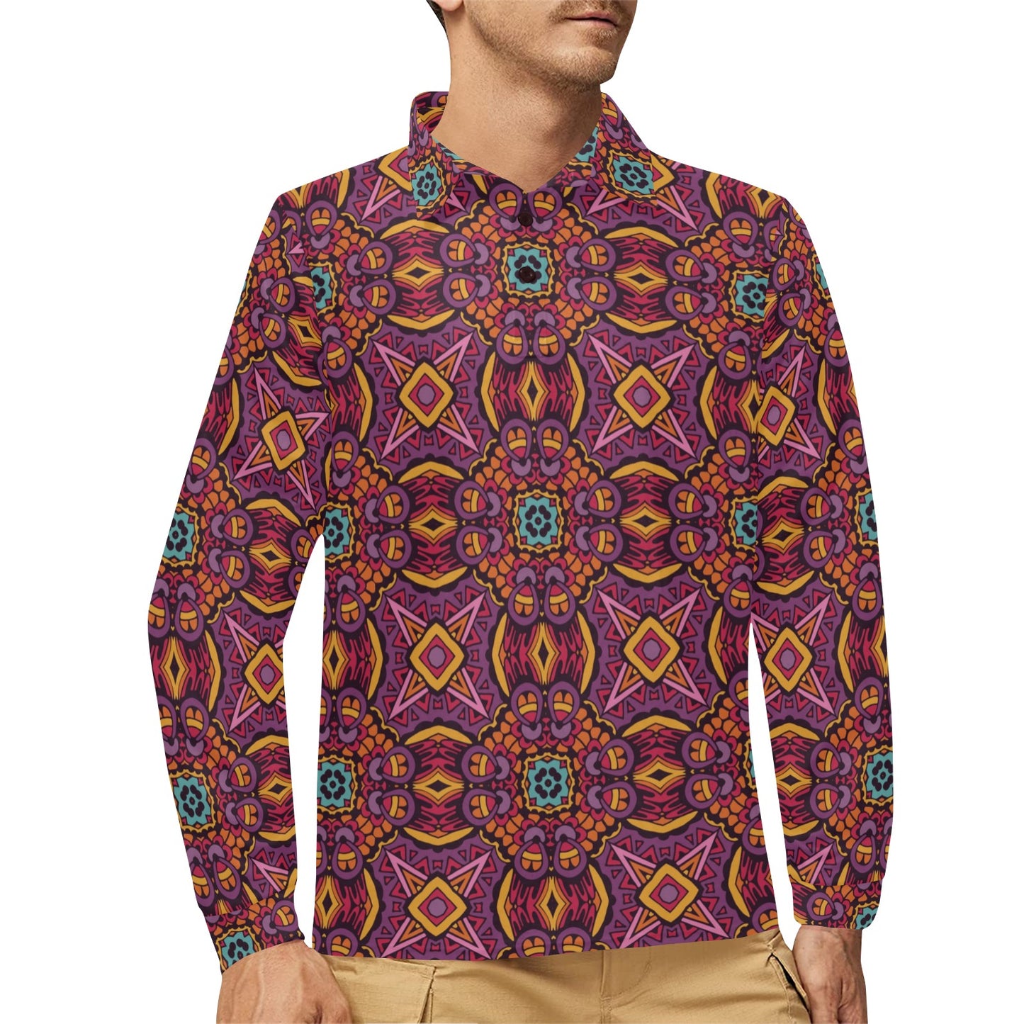 Bohemian Pattern Print Design 10 Long Sleeve Polo Shirt For Men's