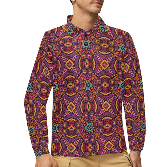Bohemian Pattern Print Design 10 Long Sleeve Polo Shirt For Men's