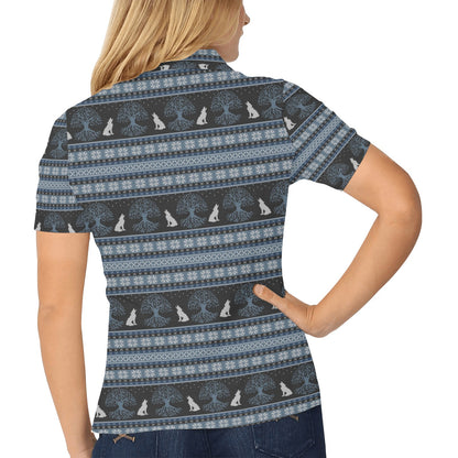 Wolf Tree of Life Knit Design Print Women's Polo Shirt