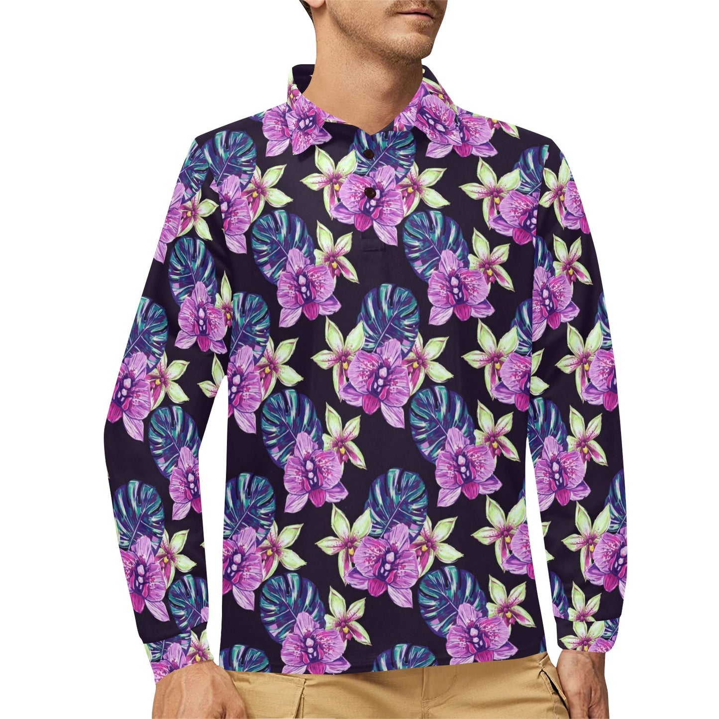 Orchid Pattern Print Design OR010 Long Sleeve Polo Shirt For Men's