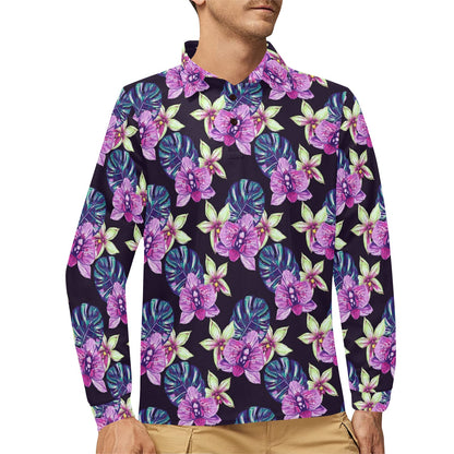 Orchid Pattern Print Design OR010 Long Sleeve Polo Shirt For Men's