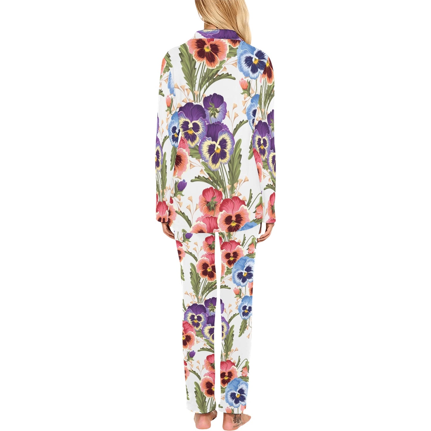 Pansy Pattern Print Design PS06 Women's Long Pajama Set
