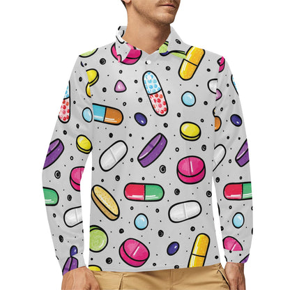 Pill Pattern Print Design A04 Long Sleeve Polo Shirt For Men's