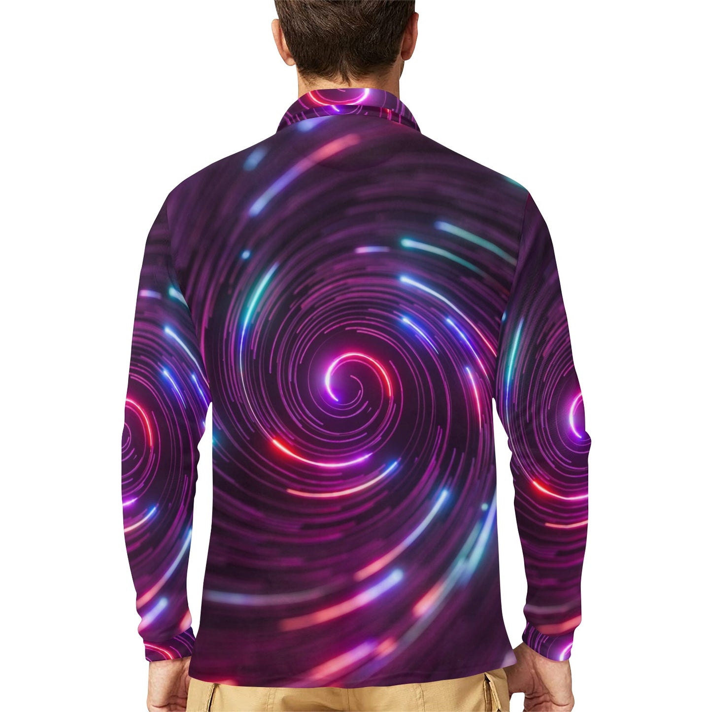 Vortex Twist Swirl Purple Neon Print Long Sleeve Polo Shirt For Men's