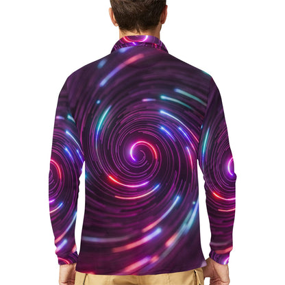 Vortex Twist Swirl Purple Neon Print Long Sleeve Polo Shirt For Men's