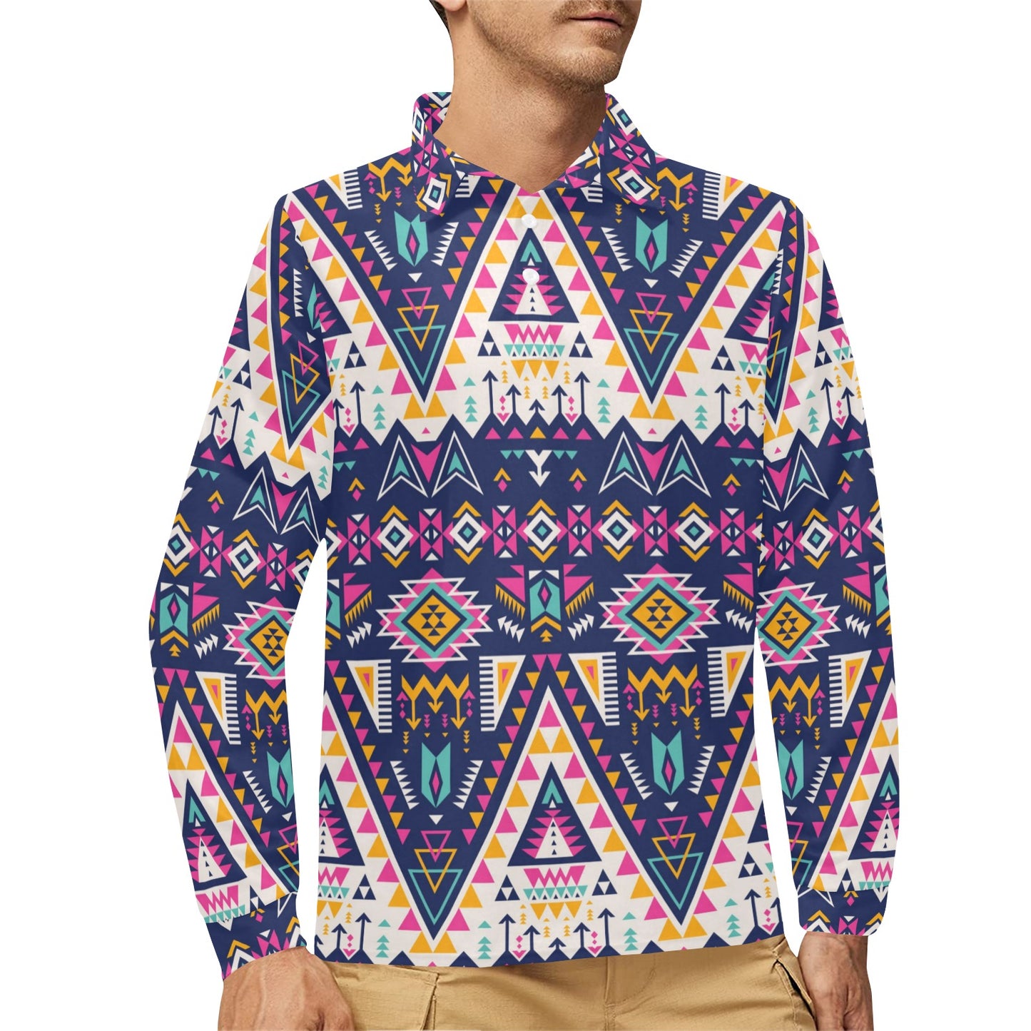 Pink Tribal Aztec native american Long Sleeve Polo Shirt For Men's