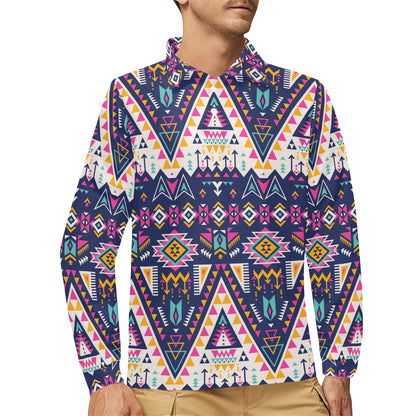 Pink Tribal Aztec native american Long Sleeve Polo Shirt For Men's
