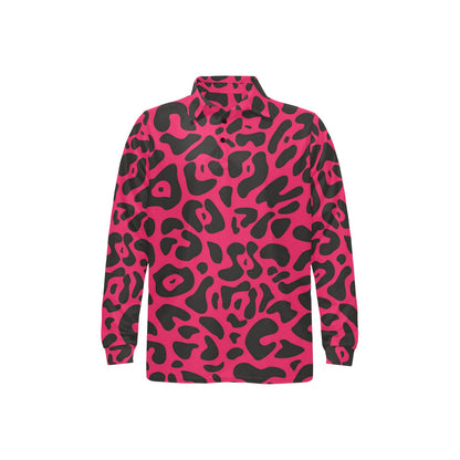 Cheetah Pink Print Pattern Long Sleeve Polo Shirt For Men's