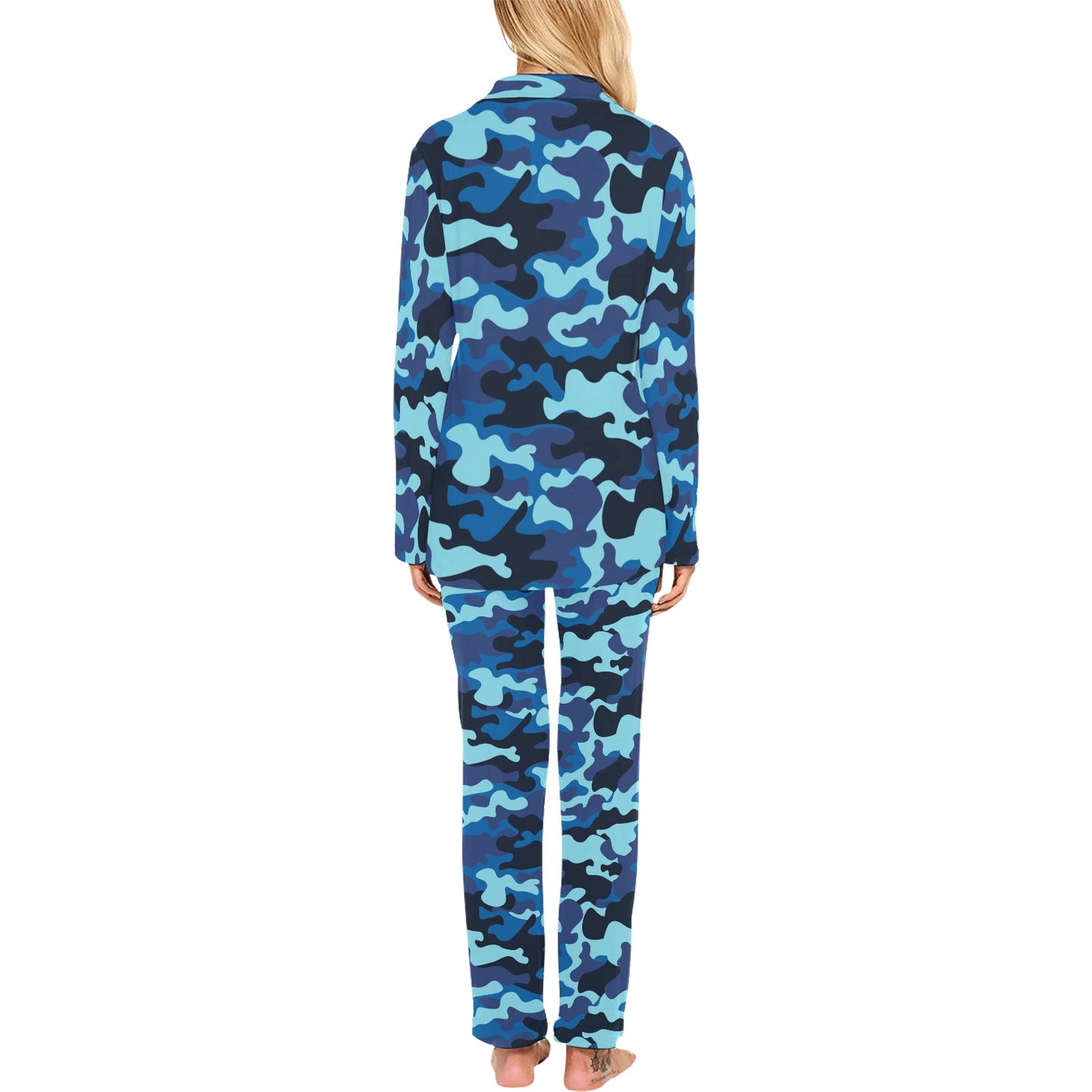 Camo Blue Pattern Print Design 04 Women's Long Pajama Set
