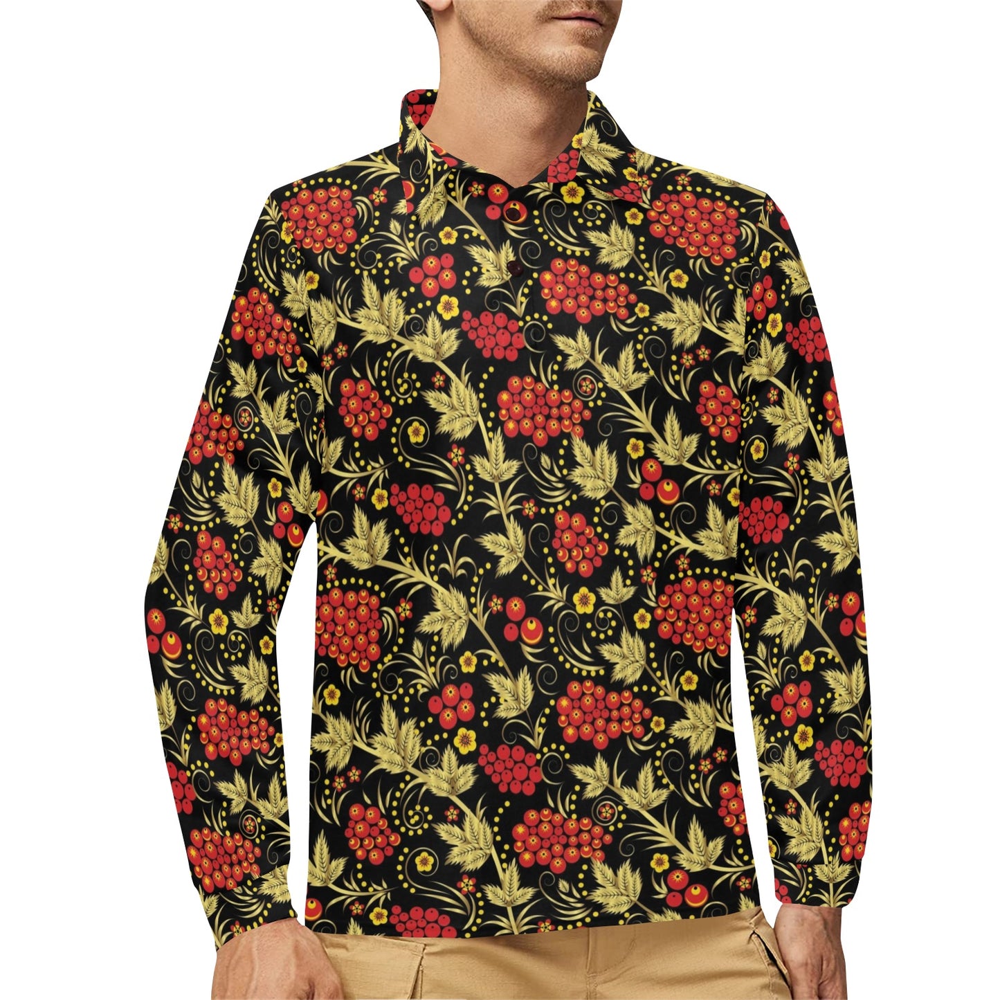 Cranberry Pattern Print Design CB02 Long Sleeve Polo Shirt For Men's