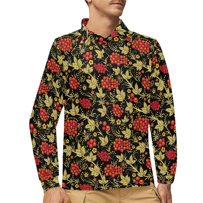 Cranberry Pattern Print Design CB02 Long Sleeve Polo Shirt For Men's