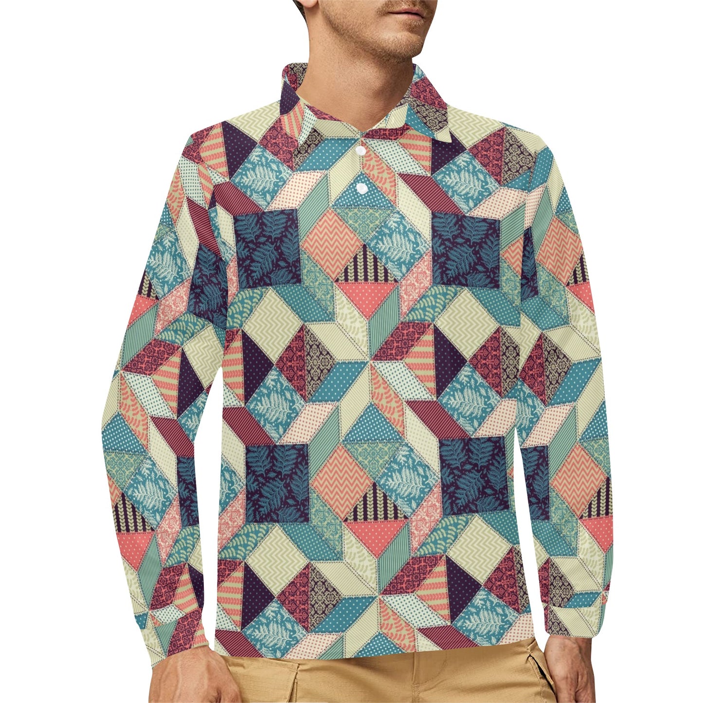 Patchwork Pattern Print Design 02 Long Sleeve Polo Shirt For Men's