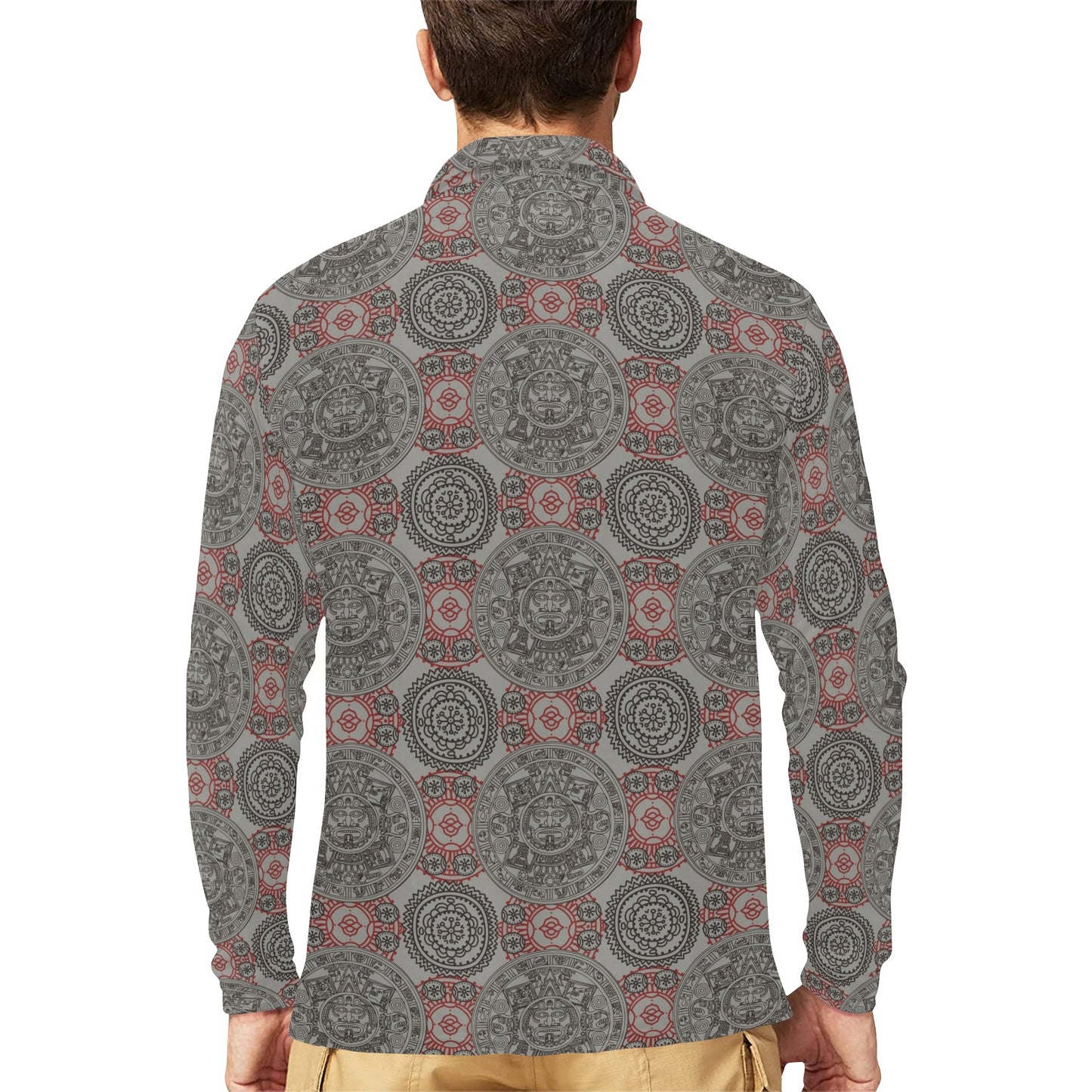 Calendar Aztec Style Print Pattern Long Sleeve Polo Shirt For Men's