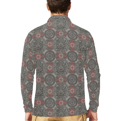 Calendar Aztec Style Print Pattern Long Sleeve Polo Shirt For Men's