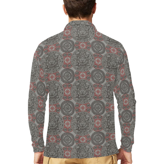 Calendar Aztec Style Print Pattern Long Sleeve Polo Shirt For Men's