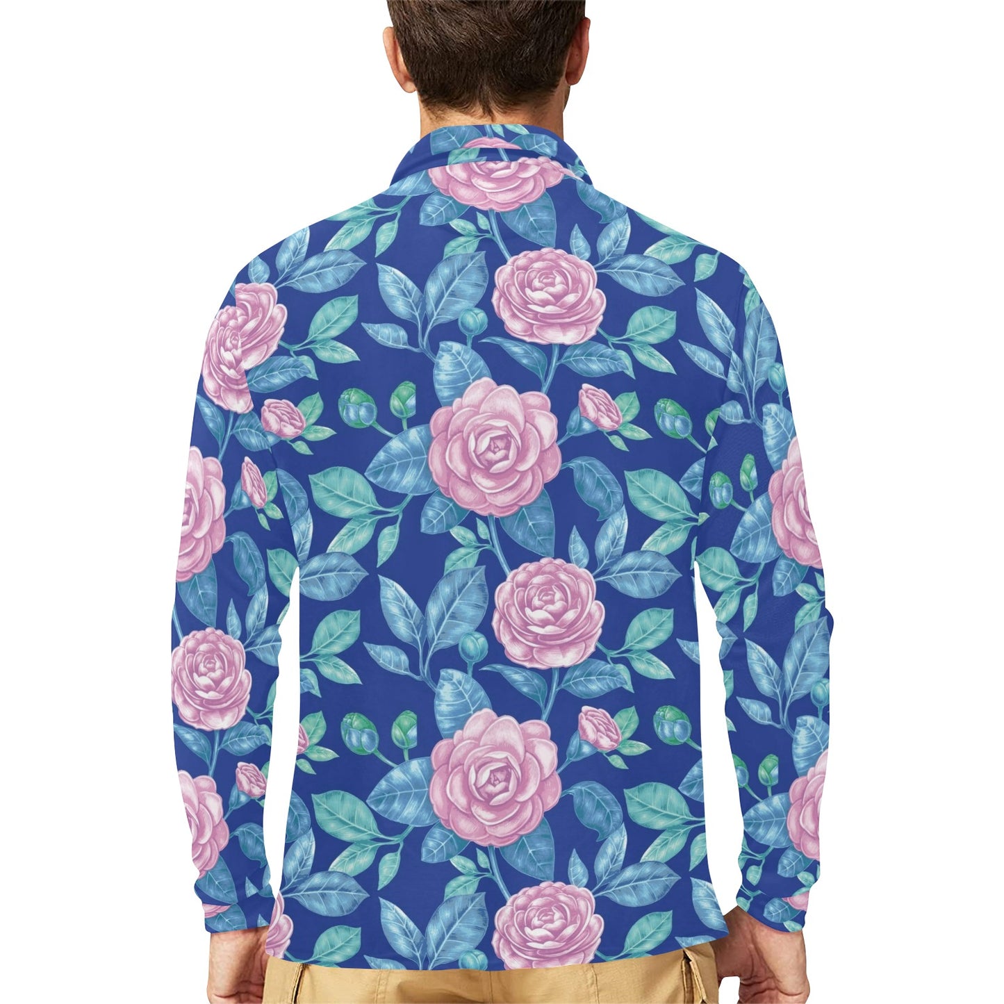 Camellia Pattern Print Design CM05 Long Sleeve Polo Shirt For Men's