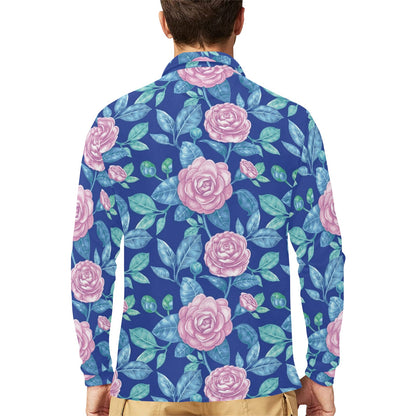 Camellia Pattern Print Design CM05 Long Sleeve Polo Shirt For Men's