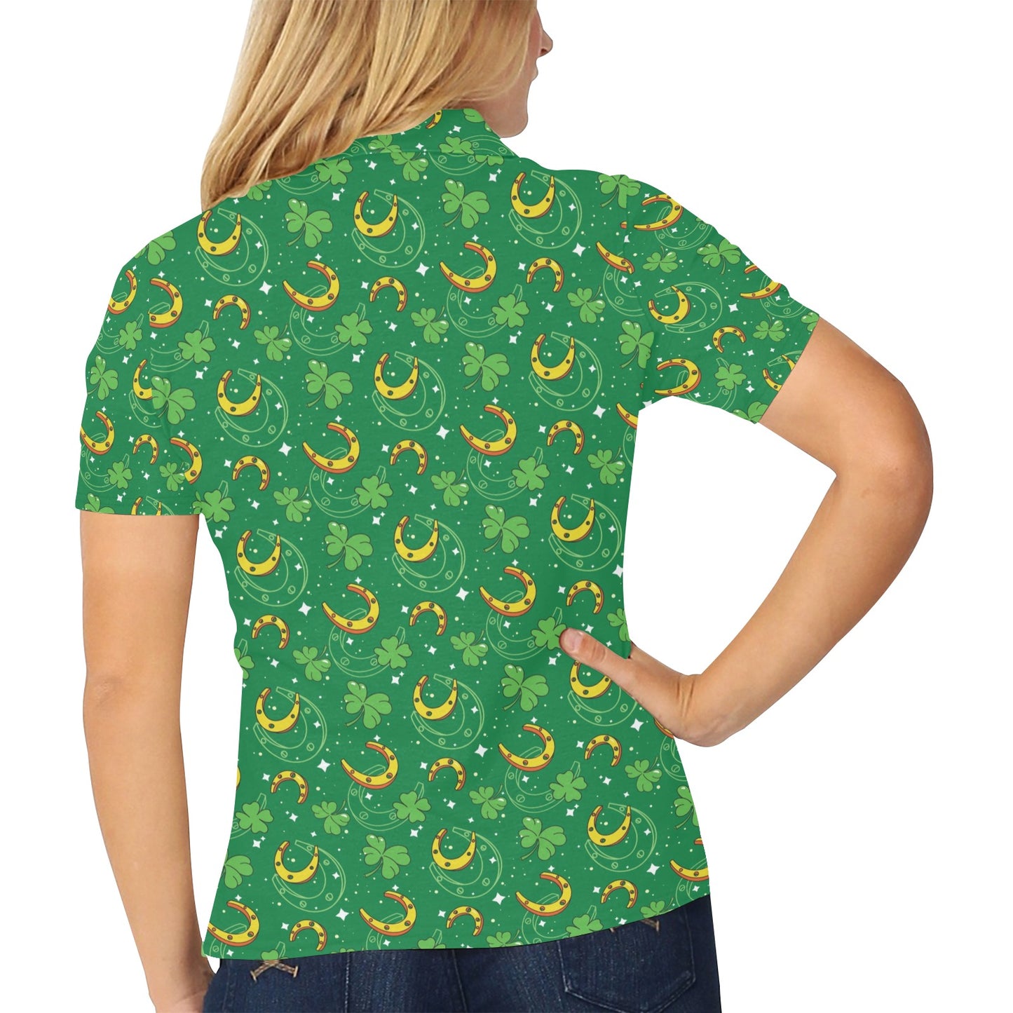Shamrock With Horse Shoes Print Design LKS305 Women's Polo Shirt