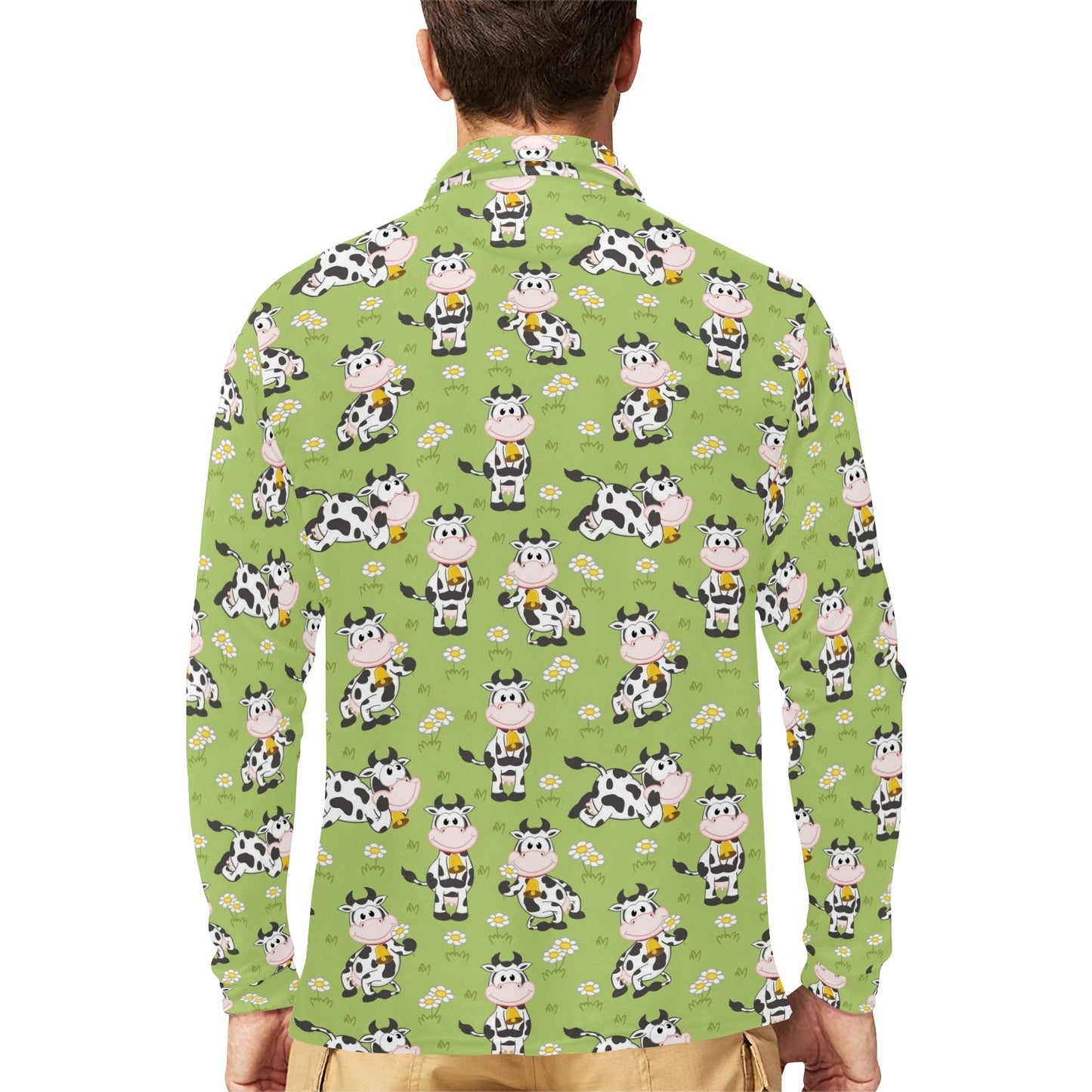 Cattle Print Design LKS401 Long Sleeve Polo Shirt For Men's