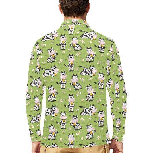 Cattle Print Design LKS401 Long Sleeve Polo Shirt For Men's