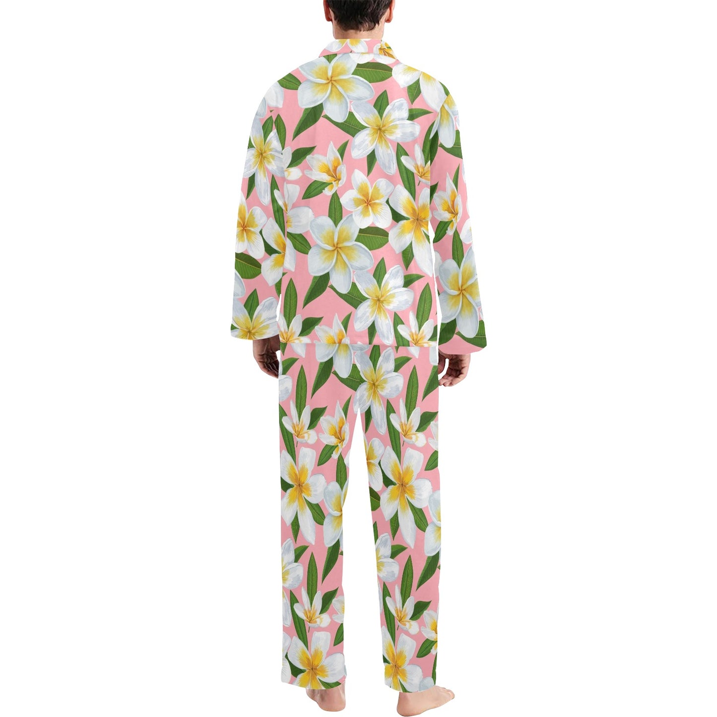 White Plumeria Pattern Print Design PM011 Men's Long Pajama Set