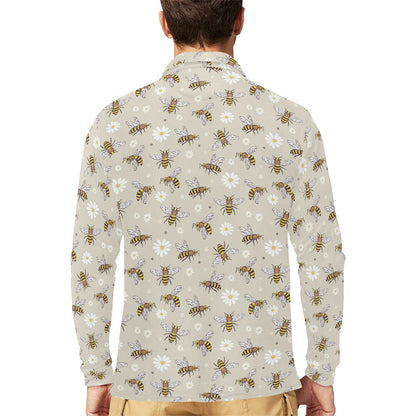 Bee Pattern Print Design 03 Long Sleeve Polo Shirt For Men's