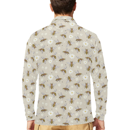 Bee Pattern Print Design 03 Long Sleeve Polo Shirt For Men's