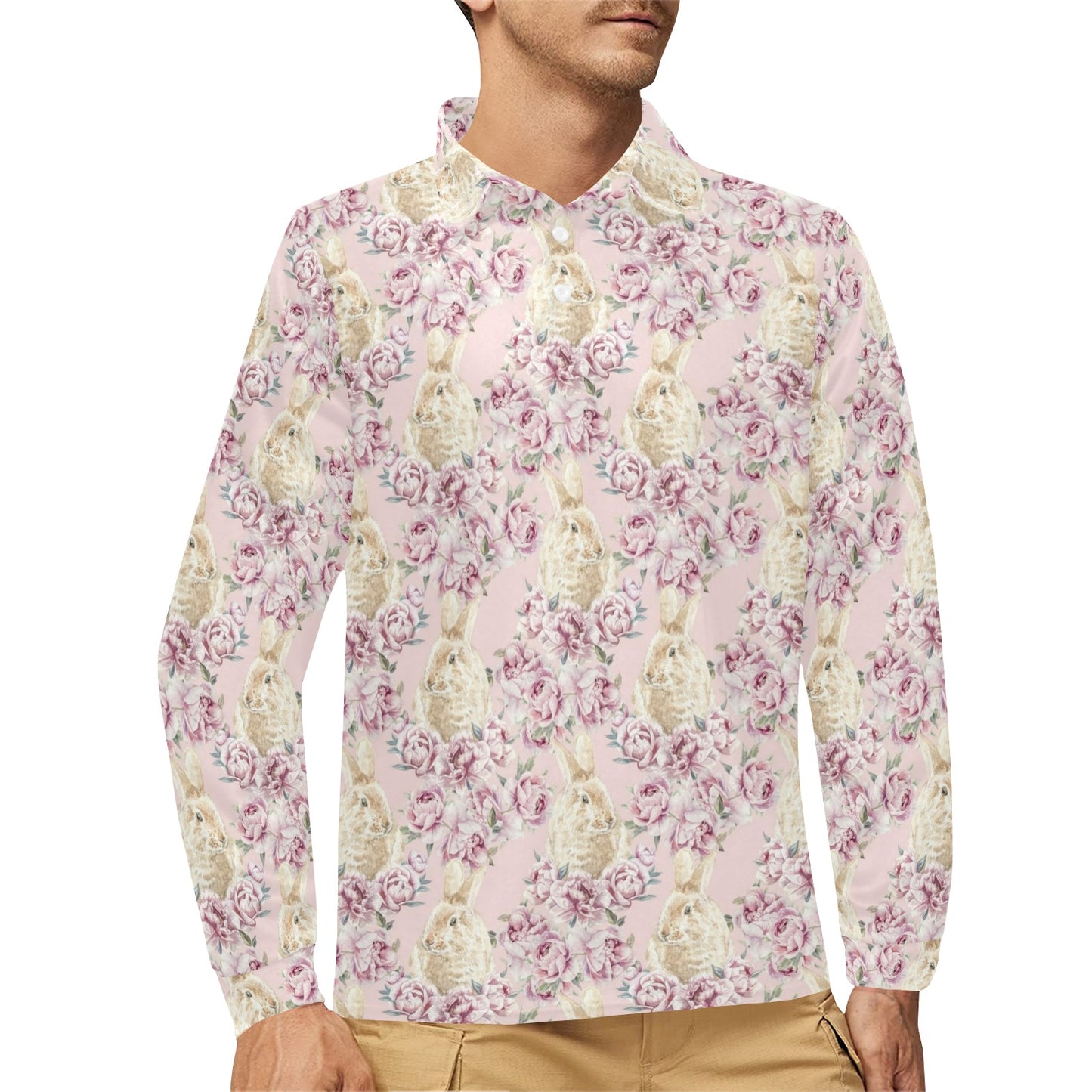 Rabbit Print Design LKS403 Long Sleeve Polo Shirt For Men's