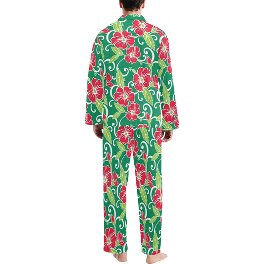 Red Hibiscus Pattern Print Design HB019 Men's Long Pajama Set