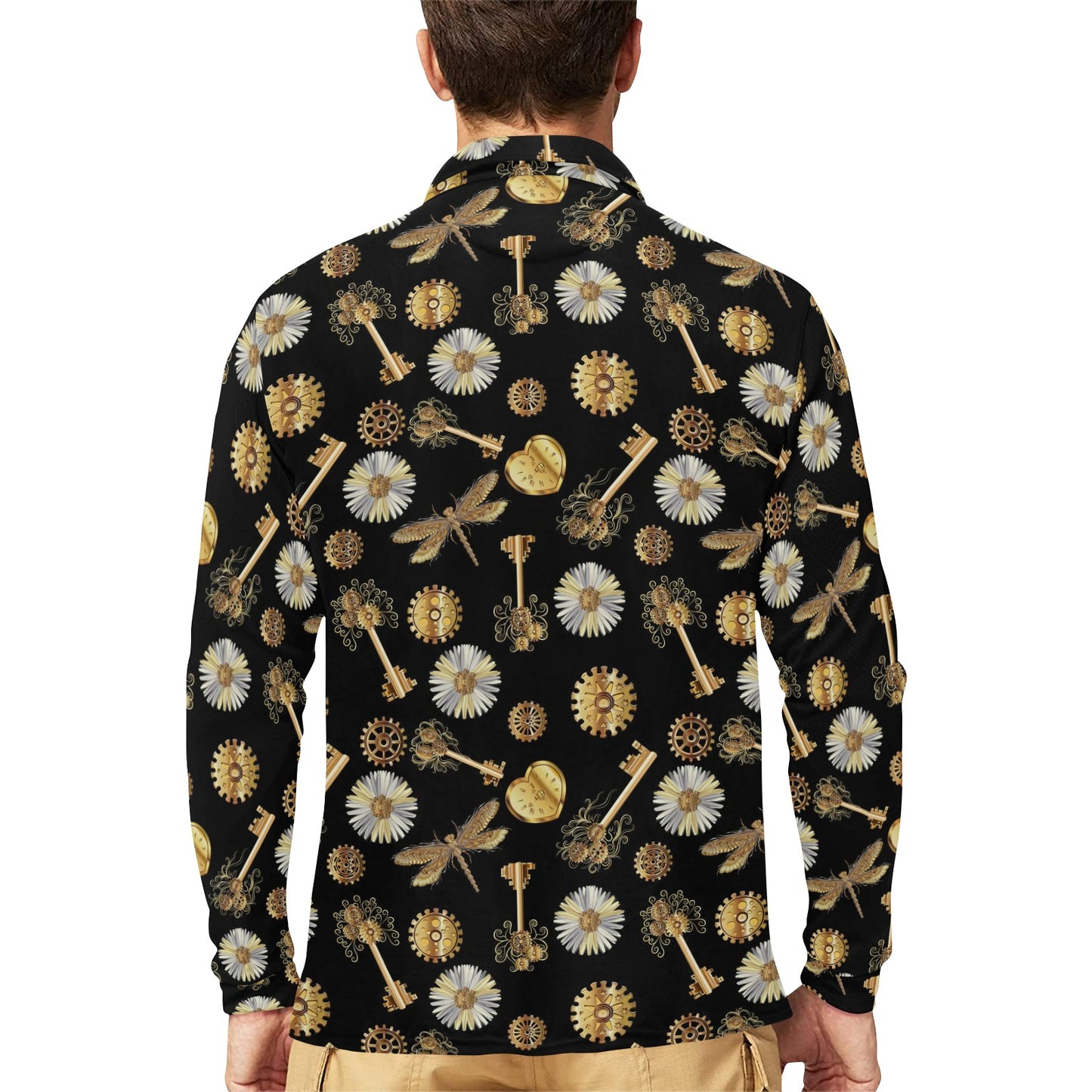 Steampunk Dragonfly Design Themed Print Long Sleeve Polo Shirt For Men's