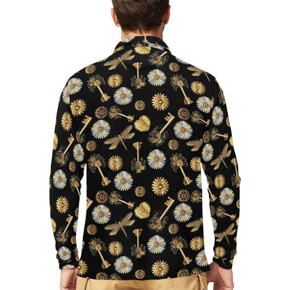 Steampunk Dragonfly Design Themed Print Long Sleeve Polo Shirt For Men's