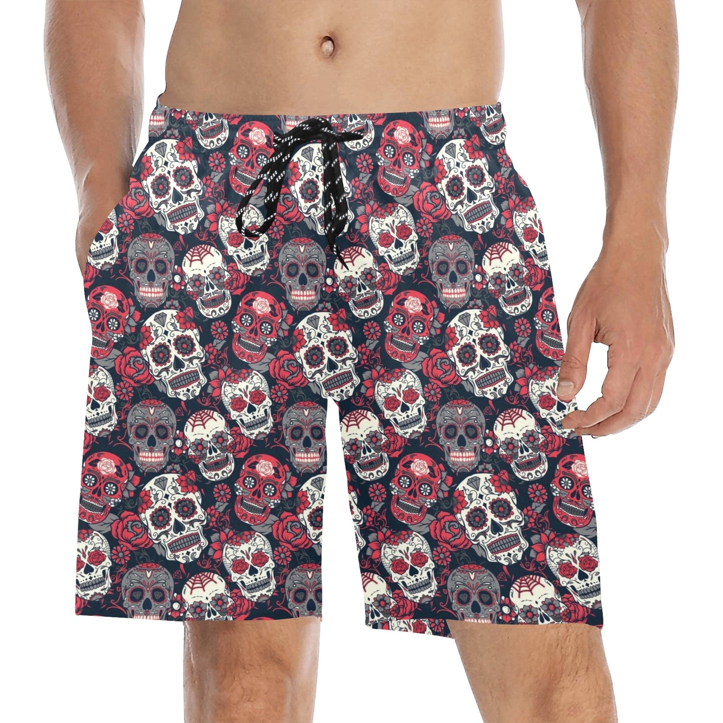 Sugar Skull Print Design LKS303 Men's Swim Trunks Beach Shorts