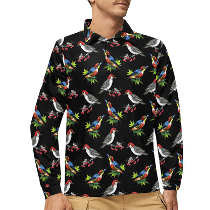 Birds Pattern Print Design 06 Long Sleeve Polo Shirt For Men's