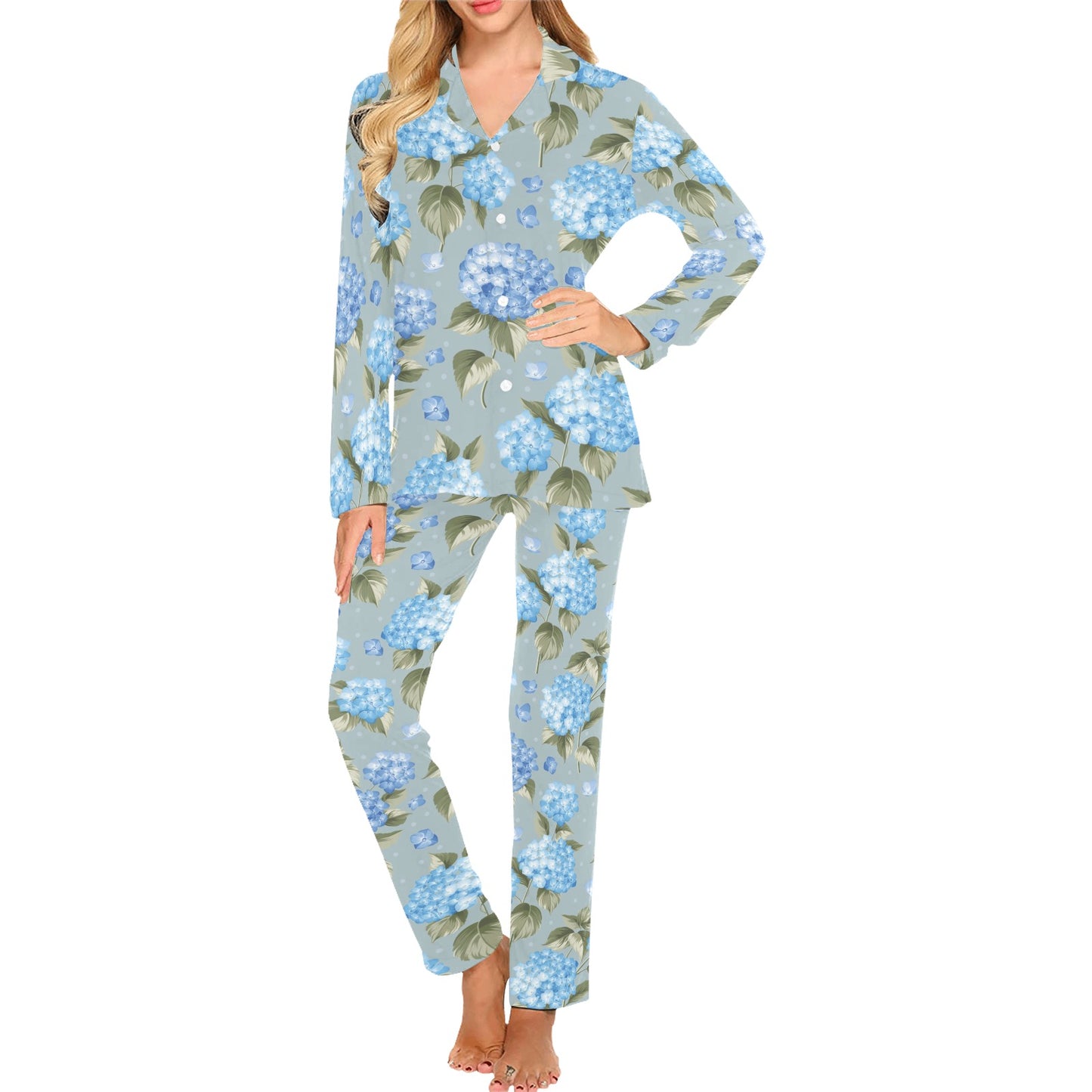 Hydrangea Pattern Print Design 01 Women's Long Pajama Set