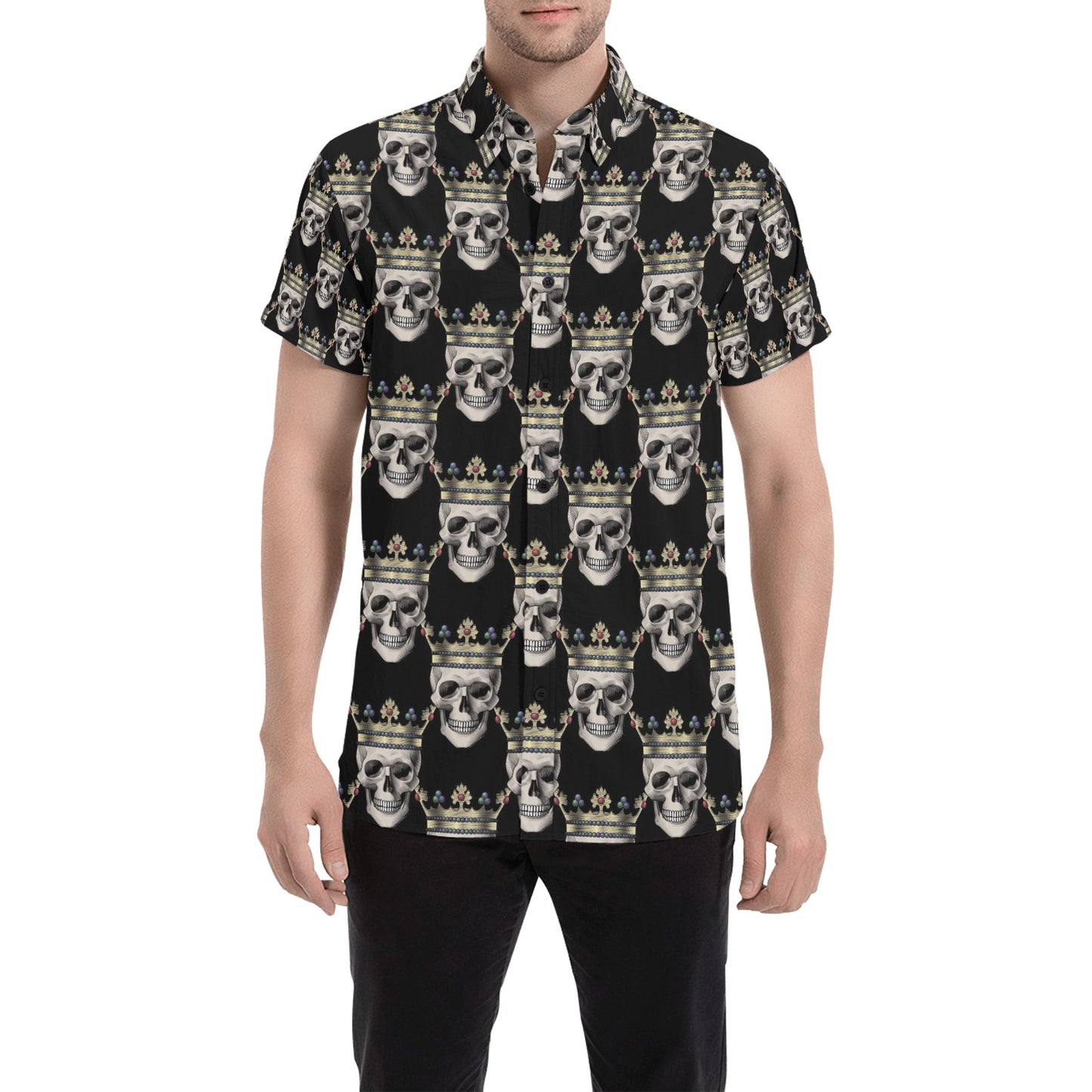Skull King Print Design LKS3010 Men Short Sleeve Button Up Shirt