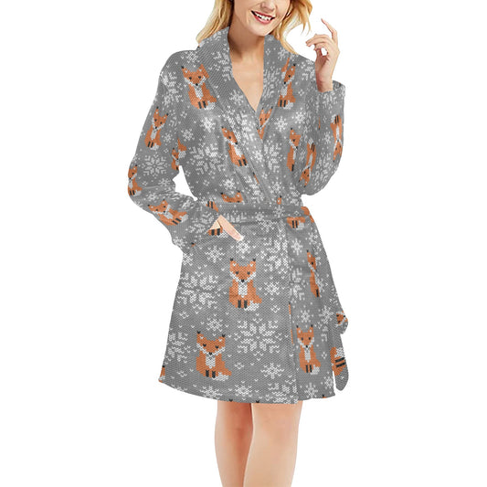 Knit Red Fox Pattern Print Design 02 Women's Fleece Robe