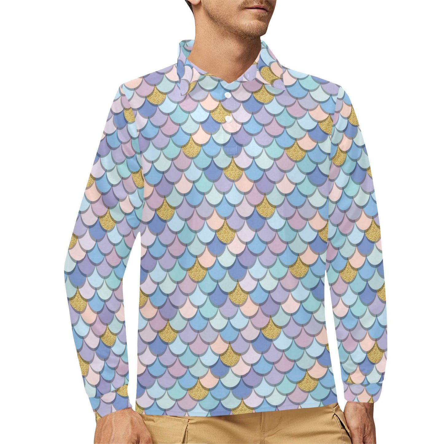Mermaid Scales Pattern Print Design 05 Long Sleeve Polo Shirt For Men's
