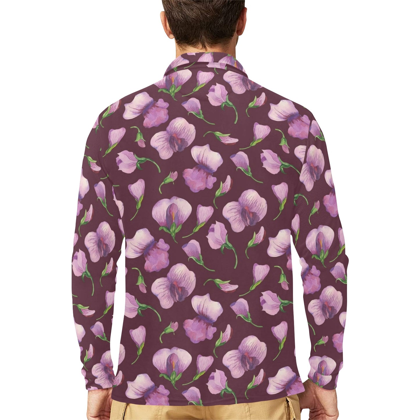 Peony Pattern Print Design PE010 Long Sleeve Polo Shirt For Men's