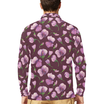 Peony Pattern Print Design PE010 Long Sleeve Polo Shirt For Men's