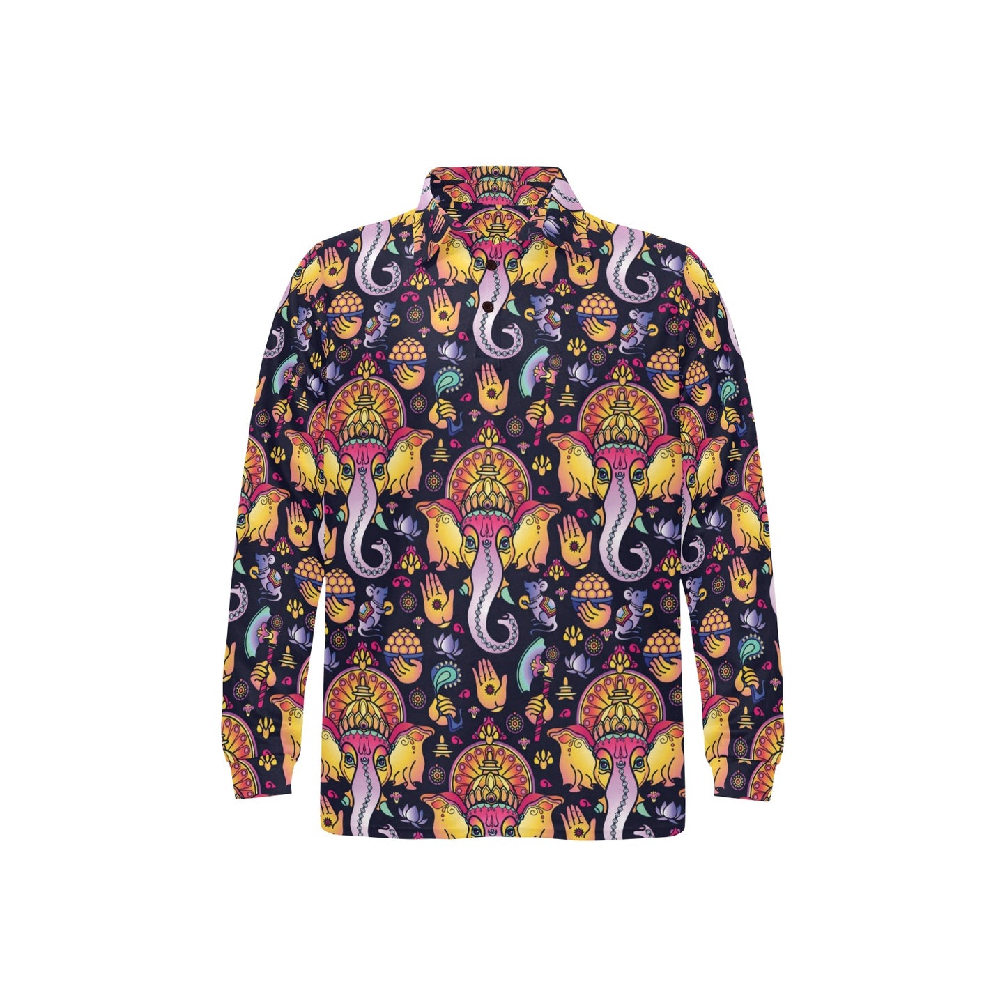 Ganesha Indian Pattern Print Design 03 Long Sleeve Polo Shirt For Men's